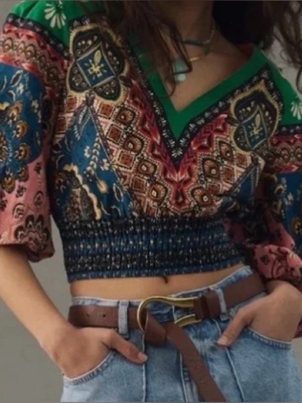 FARM Rio Multicolor V-Neck Smocked Crop Top - Picture 2 of 5